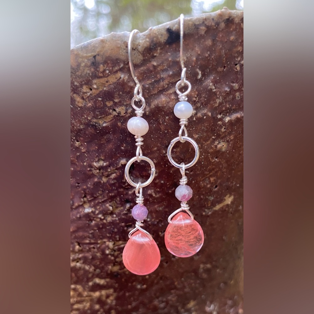 Silver and Strawberry Quartz Drop Earrings - Picture 3 of 6